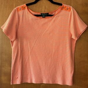 Lauren Ralph Lauren Orange Striped T-Shirt Gold Button Logo Cotton Womens Size L